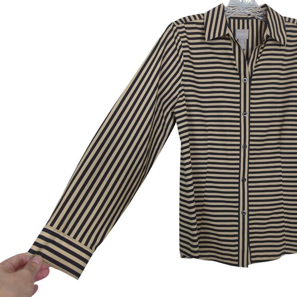Chicos Blouse Sz 0 Sz 4 Black Tan Stripe Button-Down Shirt long sleeve collared - Picture 3 of 12